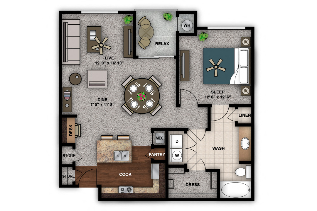 Floor plan for 1 bed, 1 bath, 959 sqft